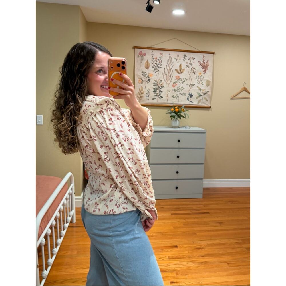 Frame Silk Blend Cream Blouse with Rust Floral Print Oversized Small - Picture 2 of 16